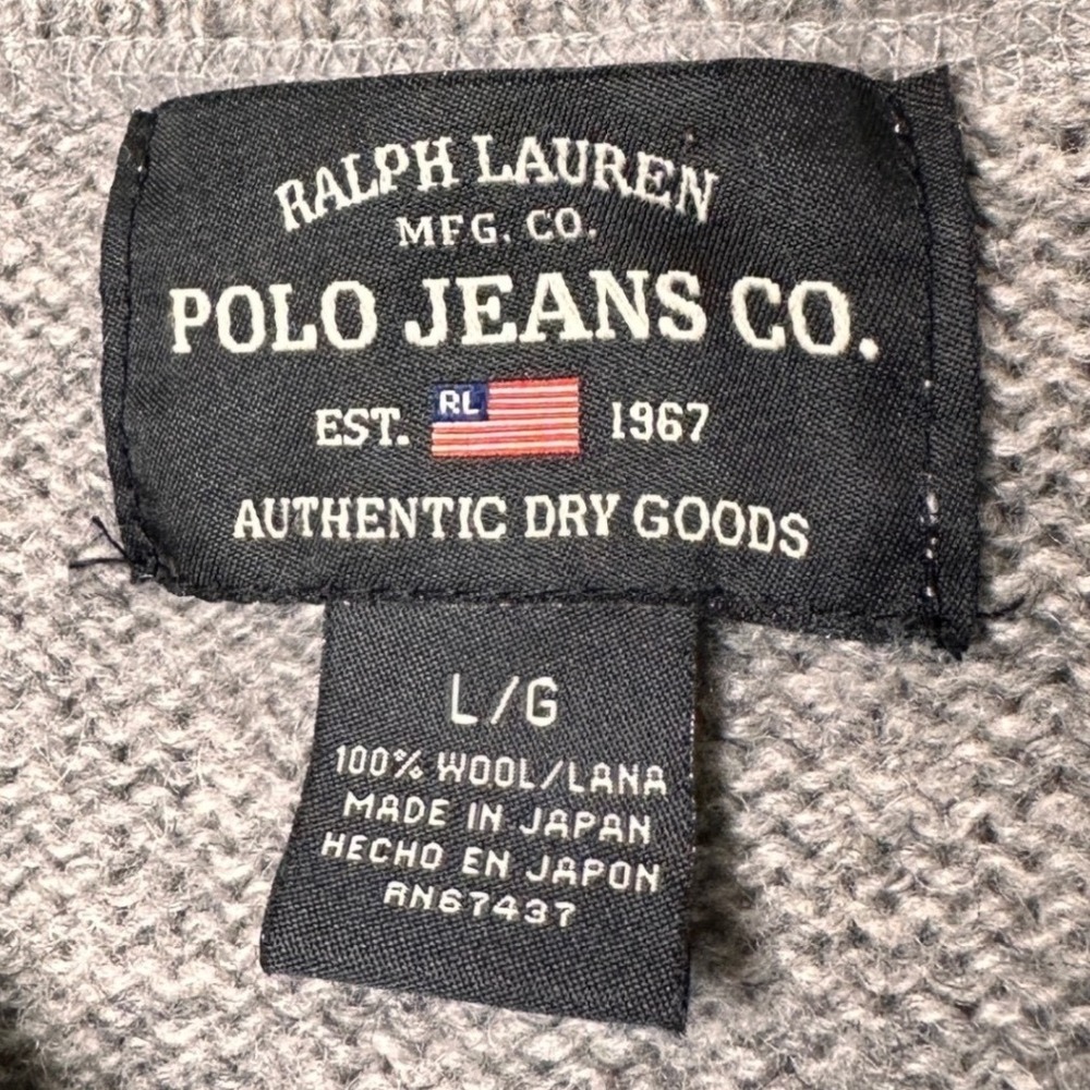 Ralph Lauren Polo Jeans Co Grey 100% Wool V-Neck Sweater Mens Large Japan Made - Picture 3 of 9